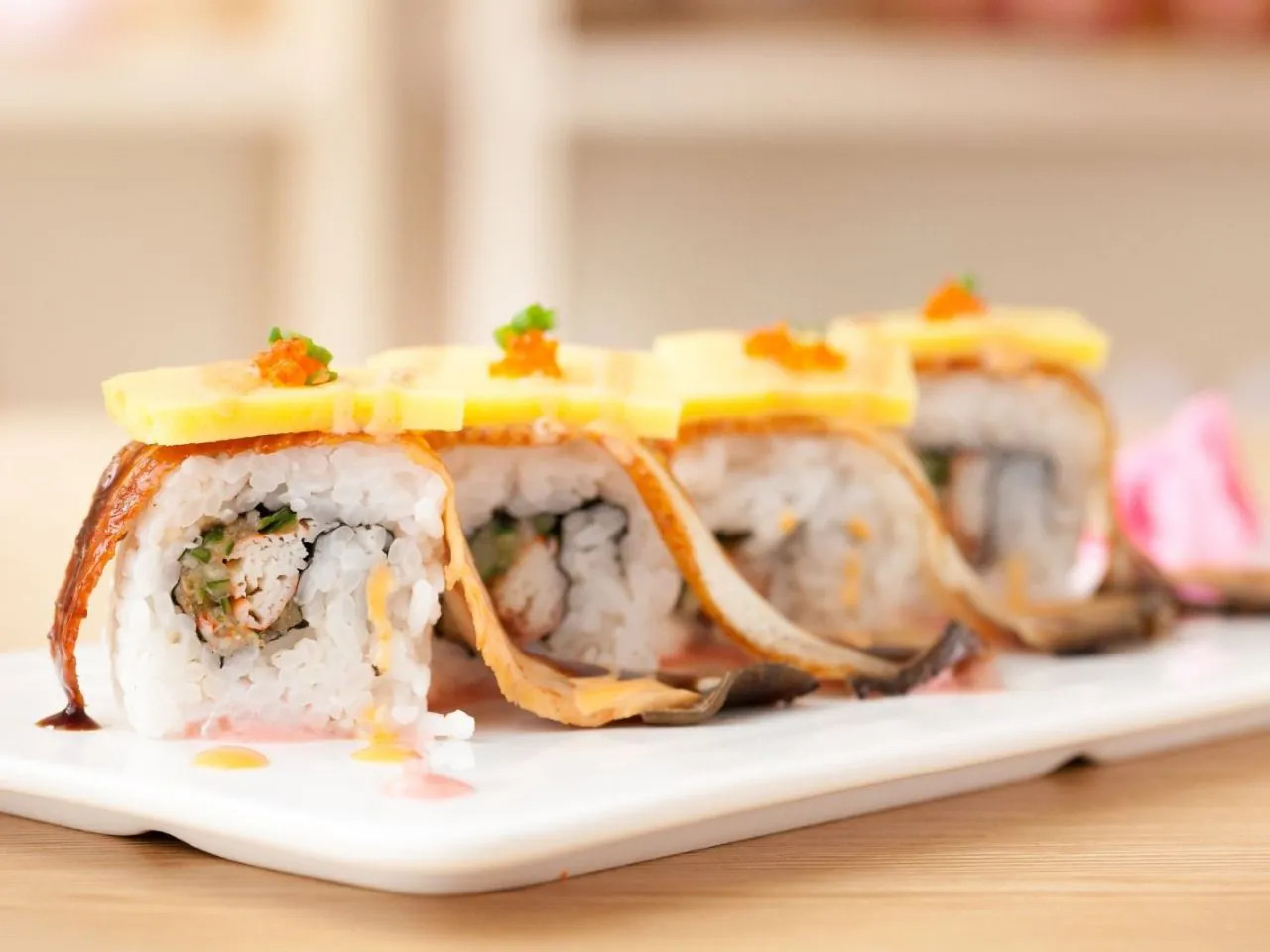 Sushi rolls with eel, mango and spicy filling at Umami Ramen & Sushi House, a Japanese Restaurant in Wilmington